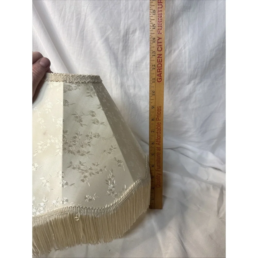 Vtg Victorian style brocade floral damask cream ivory LAMP SHADE fringe Boudoir
